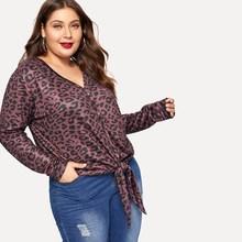 Shein Plus Knot Hem Buttoned Leopard Tee