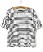 Shein Black White Striped Eye Embroidered T-shirt