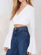 Shein White V Neck Bell Sleeve Crop Blouse