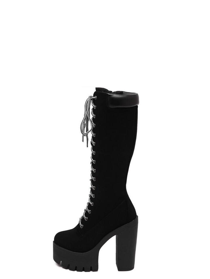 Shein Black Faux Suede Lace Up Platform Knee High Boots