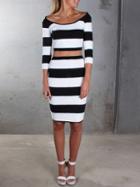 Shein Black White Boat Neck Striped Crop Top With Skirt