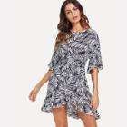 Shein Waist Knot Flounce Sleeve Tropical Print Dress