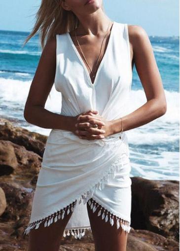 Rosewe V Neck Sleeveless Fringe Decorated White Dress