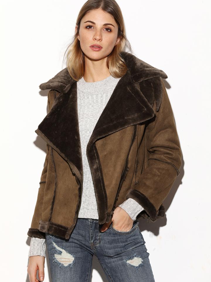 Shein Khaki Oblique Zipper Sheepskin Suede Jacket