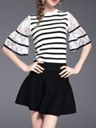 Shein Black Bell Sleeve Striped Contrast Lace Top With Skirt