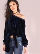 Shein Navy Sequin Trim Asymmetric Shoulder Knot Front Sweatshirt