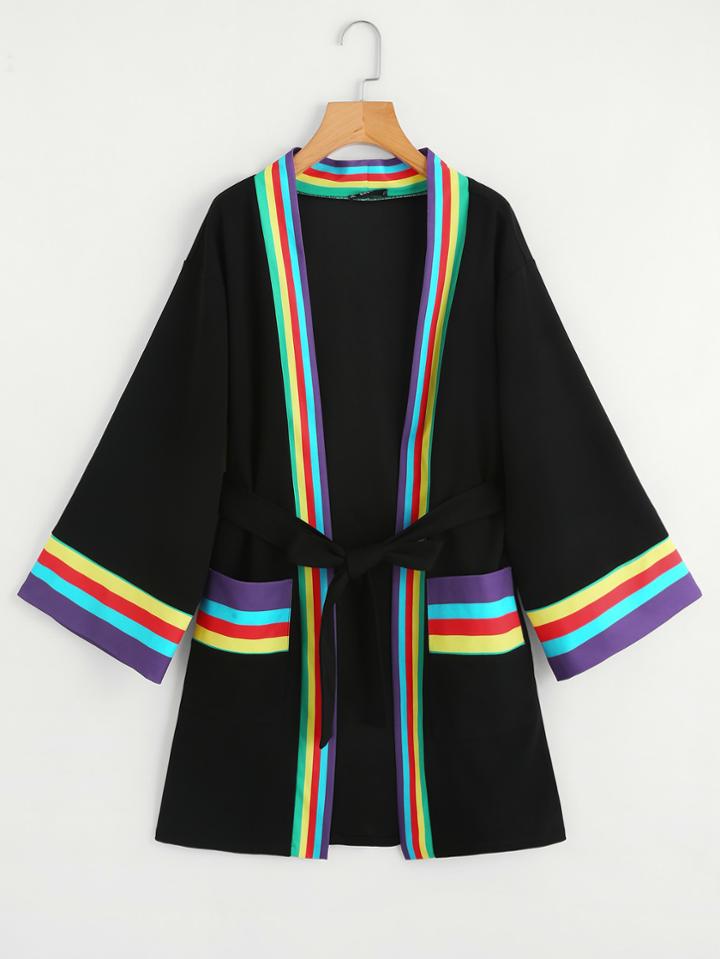 Shein Striped Trim Self Tie Kimono Coat