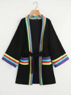 Shein Striped Trim Self Tie Kimono Coat