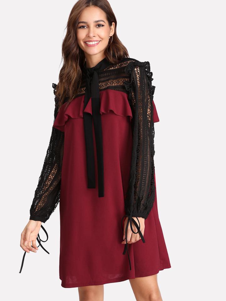 Shein Two Tone Lace Sleeve Ruffle Dress