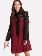 Shein Two Tone Lace Sleeve Ruffle Dress