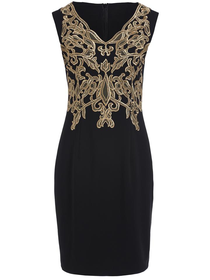 Shein Black V Neck Sleeveless Embroidered Bodycon Dress