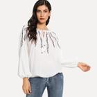 Shein Tassel Tie Lace Trim Embroidered Top