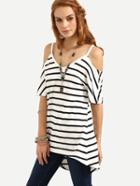 Shein Breton Stripe Spaghetti Strap Cold Shoulder T-shirt