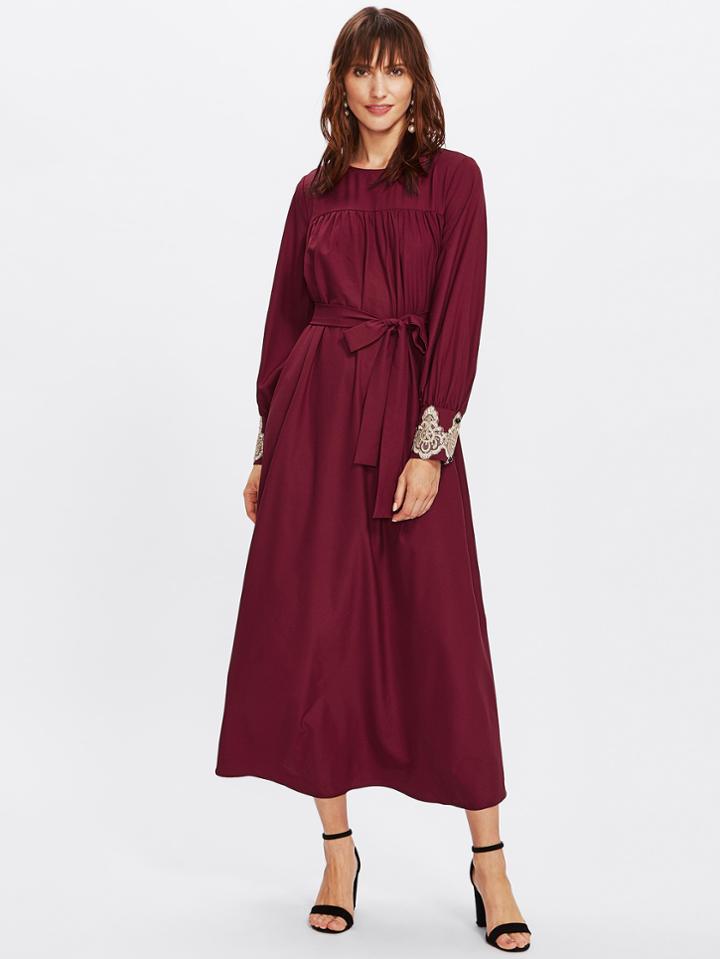 Shein Embroidered Applique Cuff Belted Hijab Long Dress