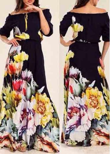 Rosewe Flower Print Boat Neck Half Sleeve Maxi Dress