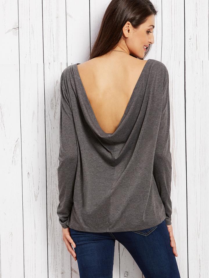 Shein Dark Grey Plain Cowl Back Long Sleeve T-shirt