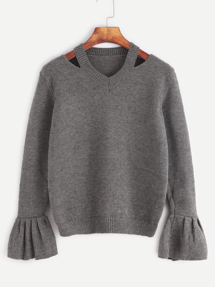 Shein Dark Grey Cut Out Neck Bell Sleeve Sweater