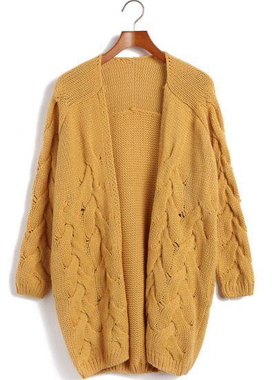 Shein Yellow Long Sleeve Cable Knit Cardigan Sweater