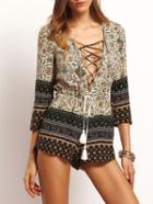 Shein Multicolor Deep V Neck Tribal Print Lace Up Jumpsuit