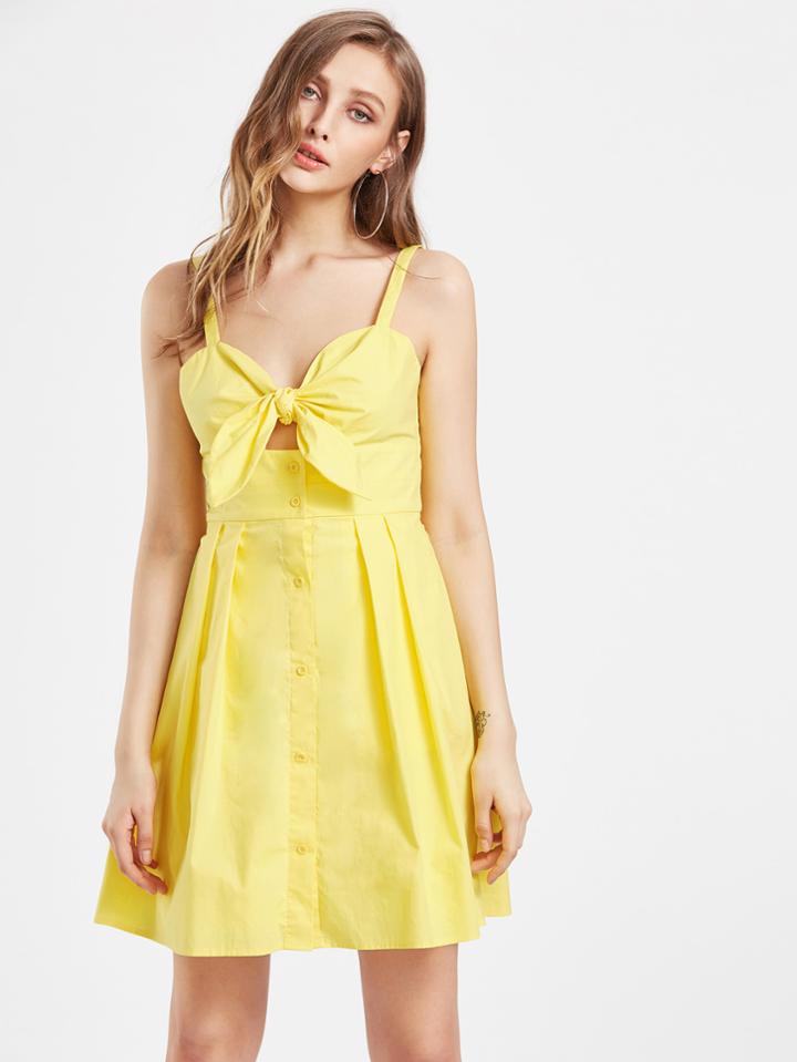 Shein Knot Button Front Box Pleated Cami Dress