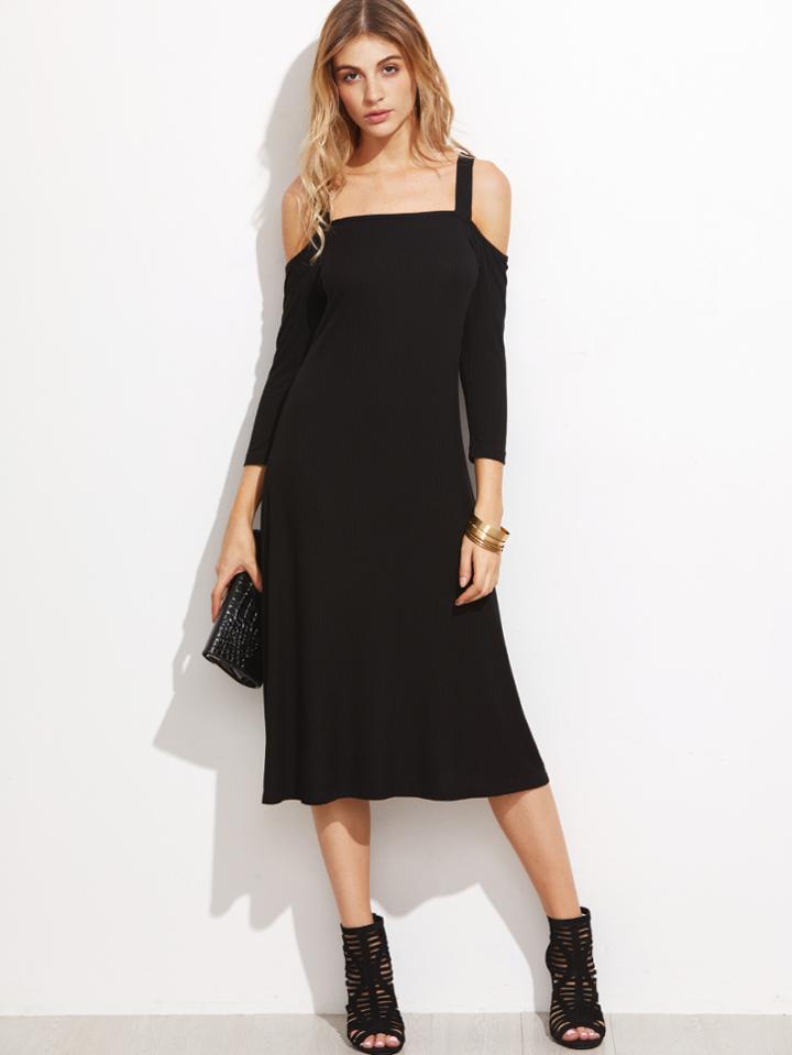 Shein Black Cold Shoulder Ribbed Midi Dress