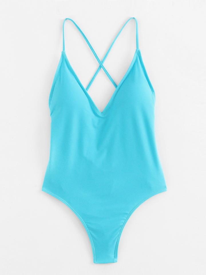 Shein Lace Up Back Ruched Detail Plunge Swimsuit