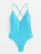 Shein Lace Up Back Ruched Detail Plunge Swimsuit