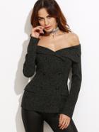 Shein Black Off The Shoulder Double Breasted Tweed Blazer