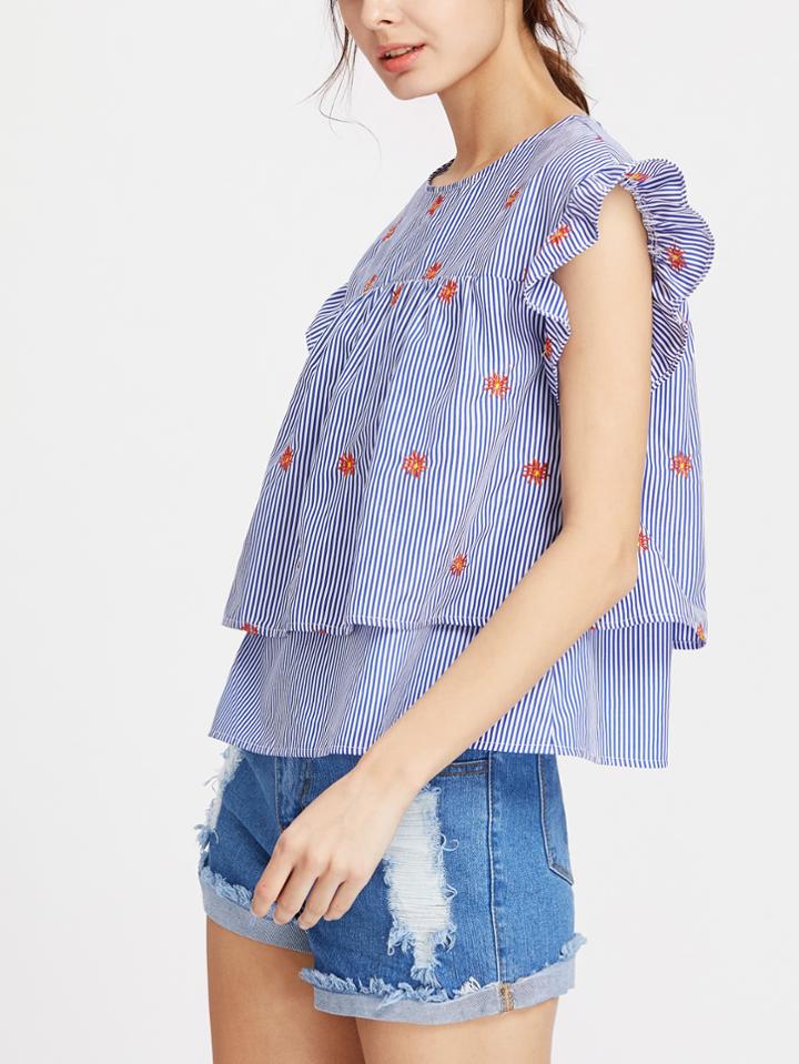Shein Ruffle Cap Sleeve Flower Embroidered Two Layered Striped Top