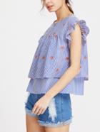 Shein Ruffle Cap Sleeve Flower Embroidered Two Layered Striped Top