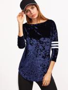 Shein Navy Striped 3/4 Sleeve Curved Hem Velvet Top