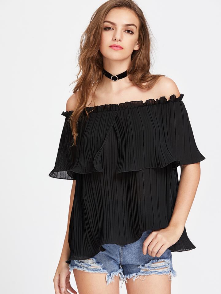 Shein Lettuce Hem Layered Pleated Bardot Top