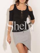 Shein Black Open Shoulder Lace Up Front Ribbed T-shirt