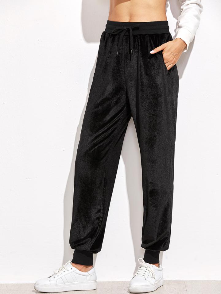 Shein Black Drawstring Waist Velvet Sweatpants