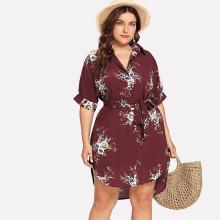 Shein Plus Floral Belted Collar Dress