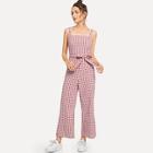 Shein Open Back Bow Tie Waist Plaid Jumpsuit