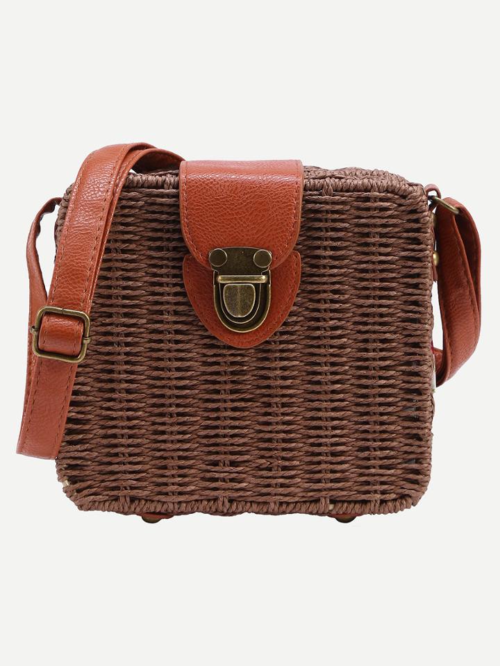 Shein Brown Push Lock Structured Straw Bag