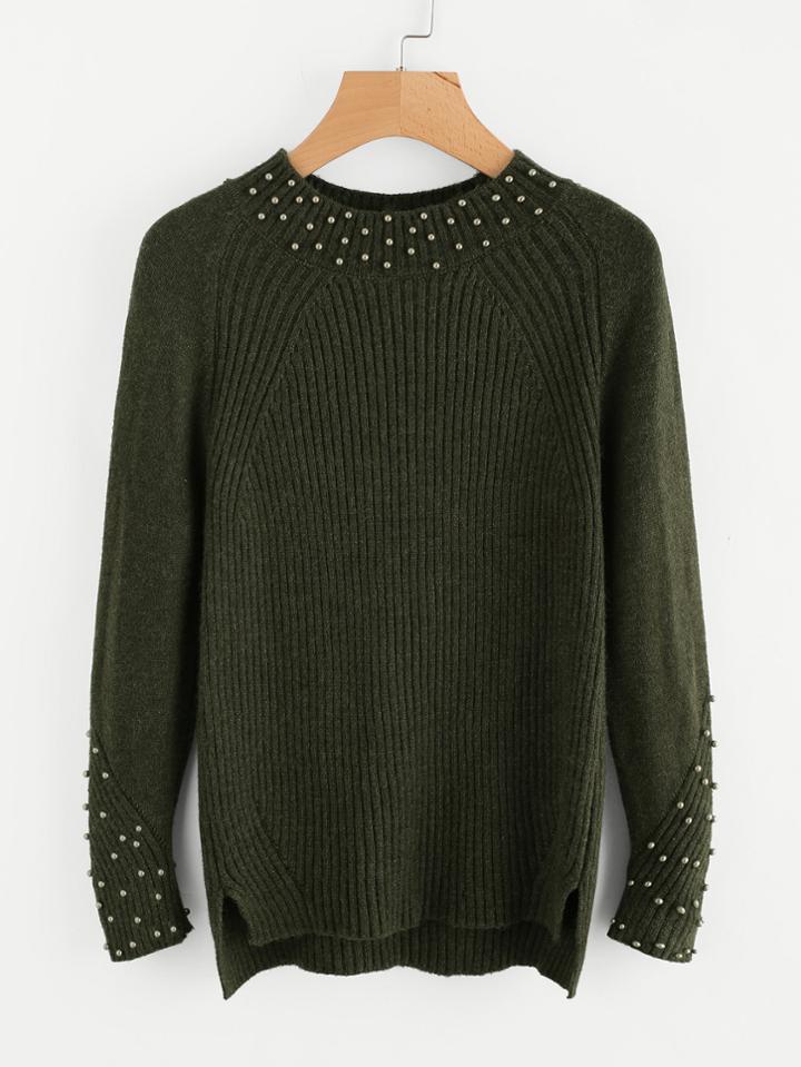 Shein Pearl Beading Slit Hem Jumper