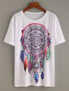 Shein White Feather Tribal Print Long T-shirt
