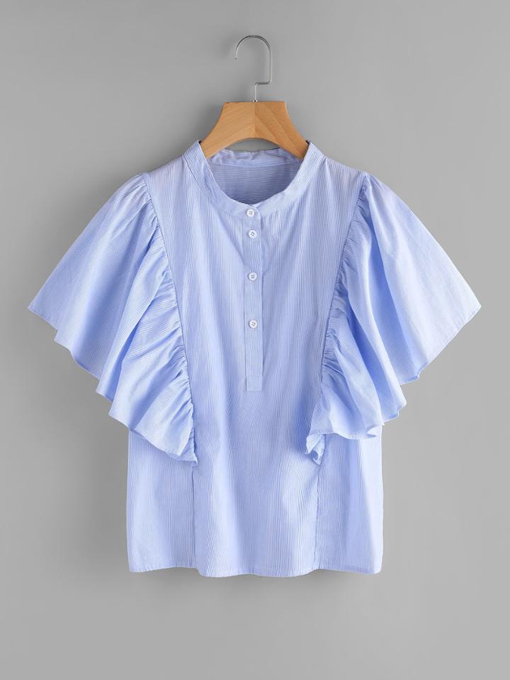 Shein Exaggerated Frill Trim Pinstriped Blouse
