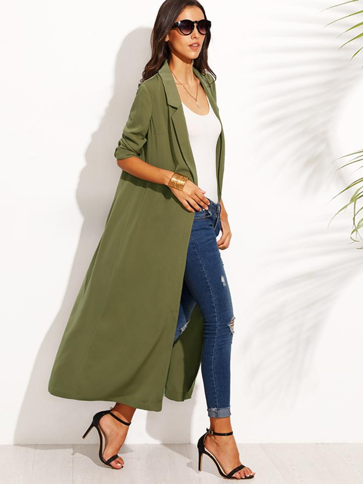 Shein Army Green Lapel Long Sleeve Outerwear