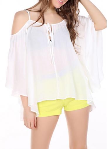 Rosewe Cold Shoulder White Chiffon Flare Sleeve Blouse
