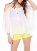 Rosewe Cold Shoulder White Chiffon Flare Sleeve Blouse
