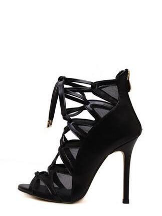 Shein Black Open Toe Lace-up Mule Stiletto Heels