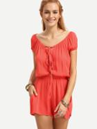 Shein Orange Lace-up Front Elastic Waist Crinkle Romper