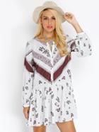 Shein White Challis Long Sleeve Vintage Print Dress
