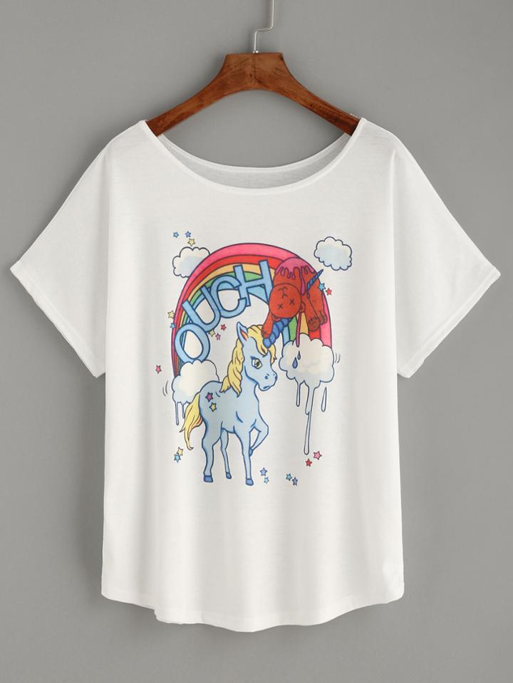 Shein White Unicorn Print T-shirt