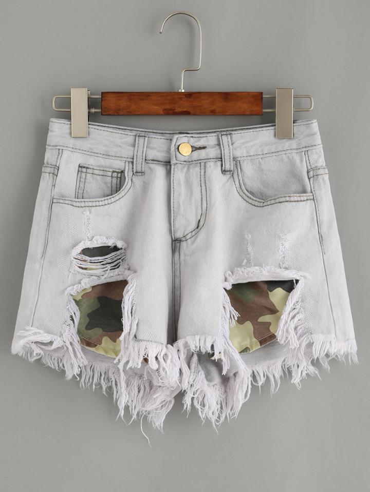 Shein Pale Grey Camo Print Ripped Denim Shorts