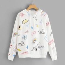 Shein Letter & Cartoon Print Drawstring Hoodie