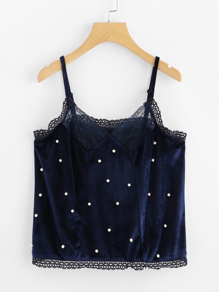 Shein Pearl Beaded Lace Trim Cami Top
